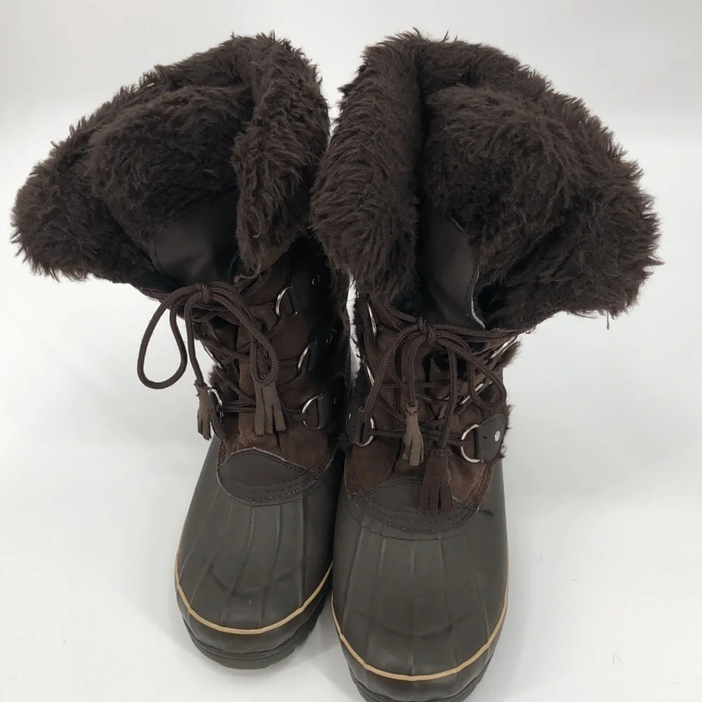 KHOMBU Size 10M Waterproof Winter Snow Boots Mid Calf Brown Lace Up